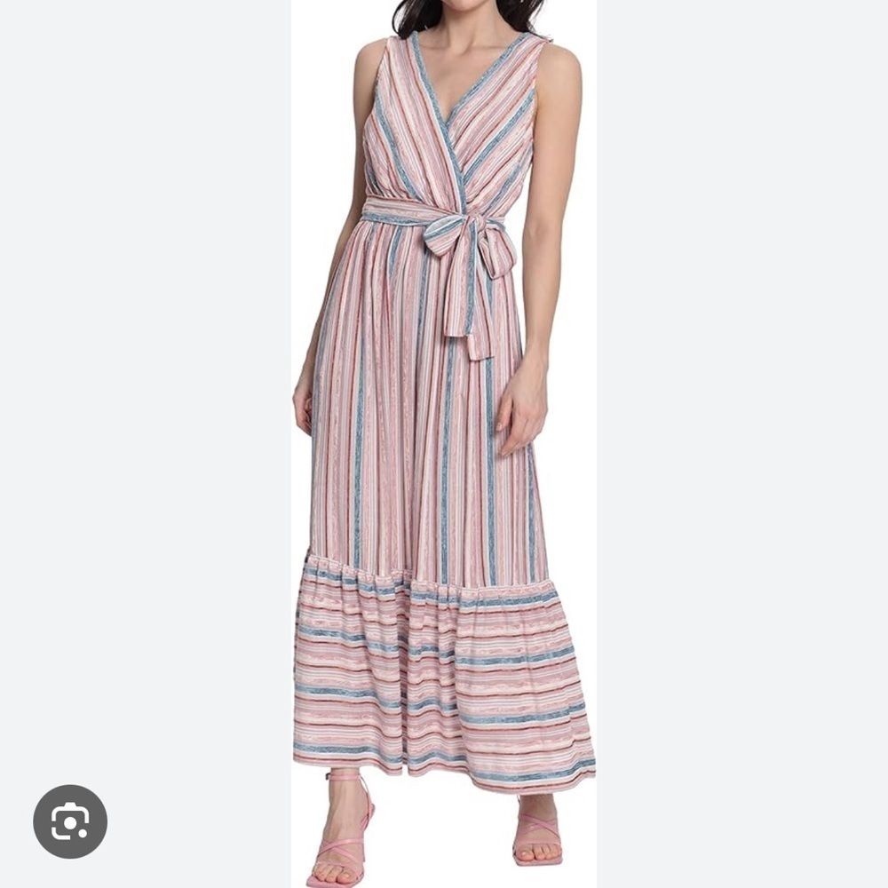 Donna Morgan Blue Pink Striped Bohemian Summer V-Neck Tiered Midi Dress 8 NEW